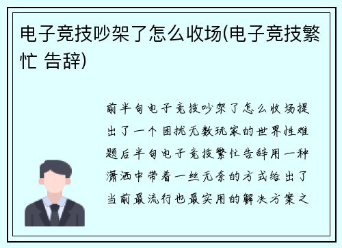 电子竞技吵架了怎么收场(电子竞技繁忙 告辞)